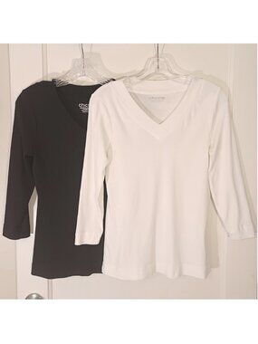 2 Chico's Pima Cotton 3/4 Sleeve V-Neck Tees Solid White Solid Black